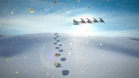 Animation-Von-Fallendem-Schnee-Und-Weihnachtsmann-Im-Schlitten-Mit-Rentieren-über-Der-Winterlandschaft