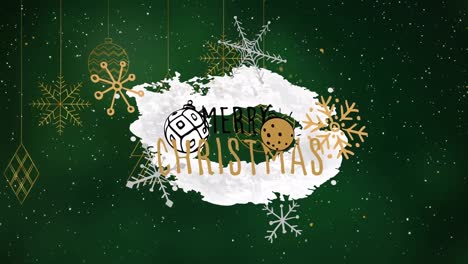 Animation-of-merry-christmas-text-over-snow-falling-and-decorations-on-green-background