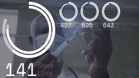 Animation-of-countdown-in-circle-and-african-american-doctor-filling-syringe-with-liquid-over-globe