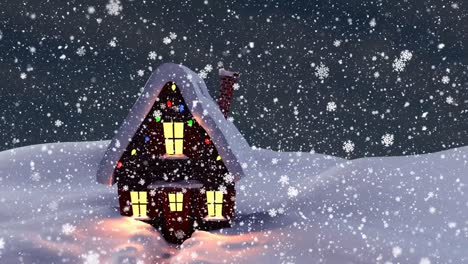 Animation-Von-Schneeflocken-Und-Schnee,-Der-über-Das-Ferienhaus-Fällt,-Mit-Weihnachtsbeleuchtung-In-Der-Winterlandschaft