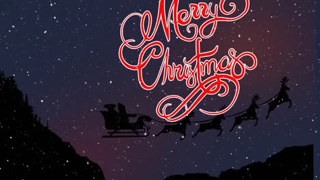 Animation-of-snowfall,-merry-christmas-text-and-santa-riding-sleigh-over-mountains-and-night-sky
