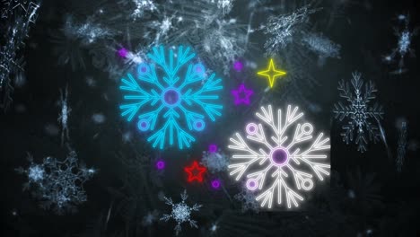 Animation-of-snow-falling-over-snowflakes-on-black-background
