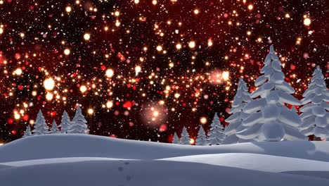 Animation-of-snow-falling-over-light-spots-and-winter-landscape