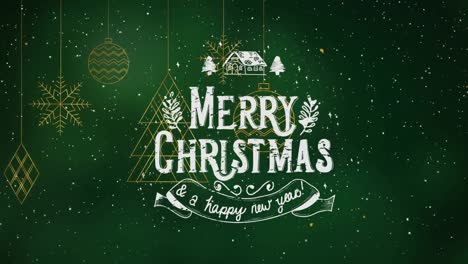 Animation-of-merry-christmas-and-a-happy-new-year-text-over-snow-falling-on-green-background