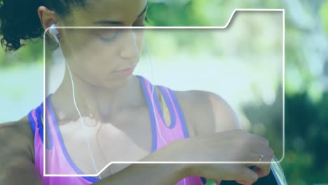 Animation-of-frame-over-african-american-woman-using-earphones
