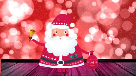 Animation-of-santa-claus-over-snow-falling-and-light-spots-on-red-background
