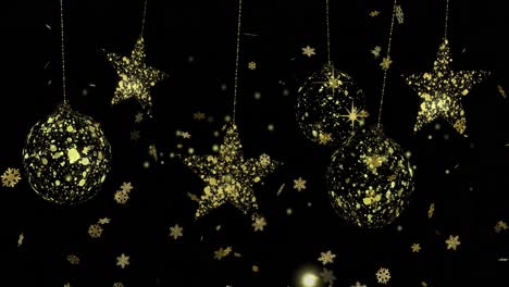 Animation-of-gold-snowflakes-with-star-and-bauble-christmas-deocrations-hanging-on-black-background