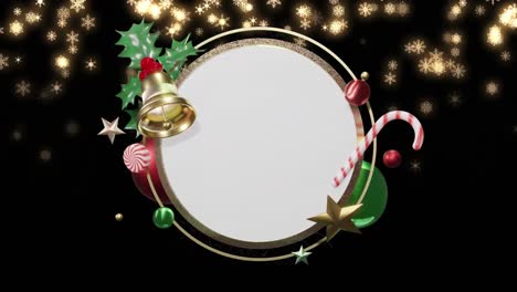 Animation-of-christmas-decorations-around-blank-white-circular-sign-over-glowing-snowflakes-on-black
