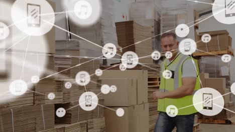 Animation-of-network-of-connections-over-caucasian-male-worker-in-warehouse