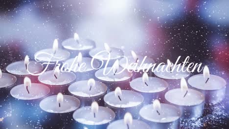 Animation-of-frohe-weihnachten-christmas-greetings-text-over-tea-candles-and-snow-falling