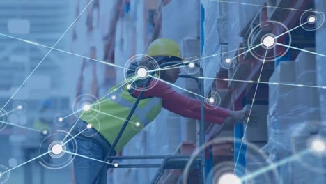 Animation-of-network-of-connections-over-african-american-female-worker-in-warehouse