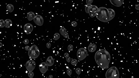 Animation-of-confetti-falling-over-balloons-on-black-background