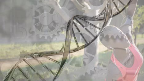 Animation-of-dna-strand-and-cogs-over-african-american-woman-exercising