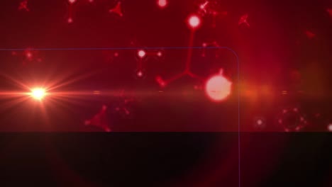 Animation-of-glowing-light-and-molecules-moving-on-red-background