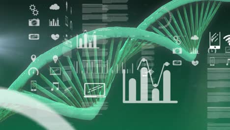 Animation-of-data-processing-with-icons-over-dna-strand-on-green-background