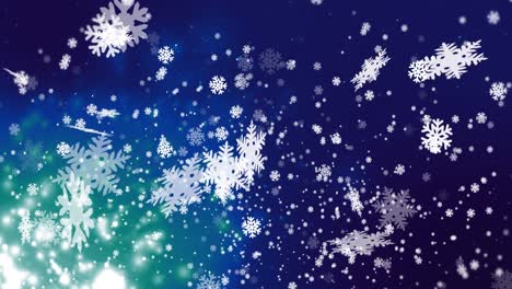 Animation-of-white-christmas-snowflakes-over-falling-snow-and-blue-lights