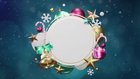 Animation-of-christmas-decorations-around-blank-white-circular-sign-over-snow-and-blue-lights