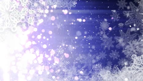 Animation-of-white-christmas-snowflakes-and-snow-falling-on-dark-blue-background