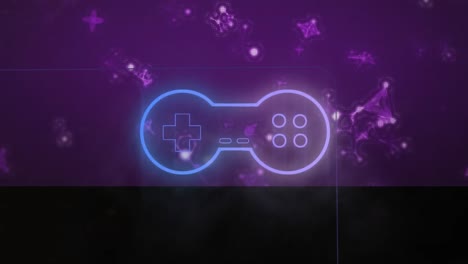 Animation-Eines-Leuchtenden-Videospiels-Und-Molekülen-Auf-Violettem-Hintergrund