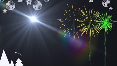 Animation-of-fireworks-and-christmas-decorations-on-black-background