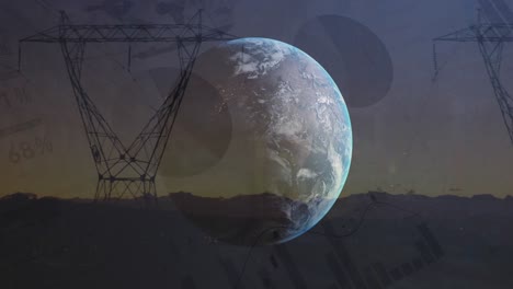 Animation-of-globe-and-financial-data-processing-over-electricity-pylons