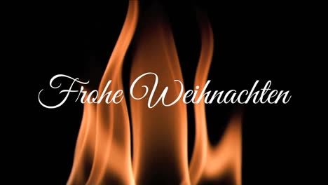 Animation-of-frohe-weihnachten-christmas-greetings-text-over-flame