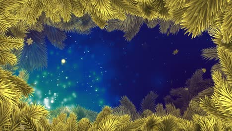 Animation-of-golden-snowflakes-and-snow-in-deep-blue-sky-with-christmas-tree-border