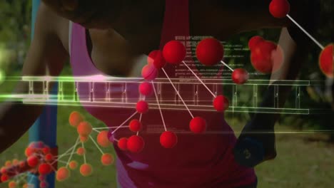 Animation-of-dna-strands-and-data-processing-over-african-american-woman-exercising