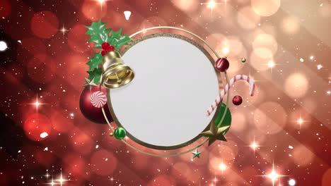 Animation-of-snow-and-christmas-decorations-around-blank-white-circular-sign-over-red-lights