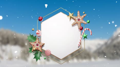 Animation-of-snow-and-christmas-decorations-around-blank-white-hexagonal-sign-over-winter-landscape