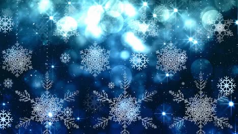 Animation-of-white-christmas-snowflakes-and-falling-show-with-glowing-lights-on-black-background