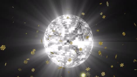 Animation-of-gold-christmas-snowflakes-falling-with-mirror-ball-on-black-background