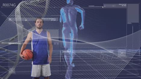Animation-Der-Datenverarbeitung-Mit-DNA-Strang-Und-Digitalem-Menschen-über-Einem-Kaukasischen-Basketballspieler