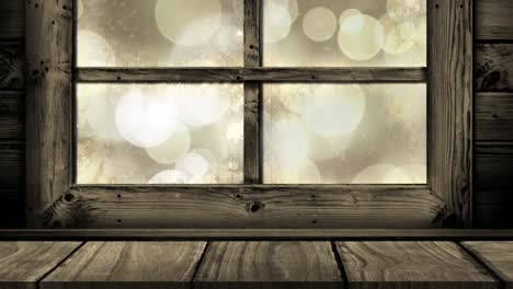 Animation-of-wooden-window-frame-and-defocussed-white-christmas-lights