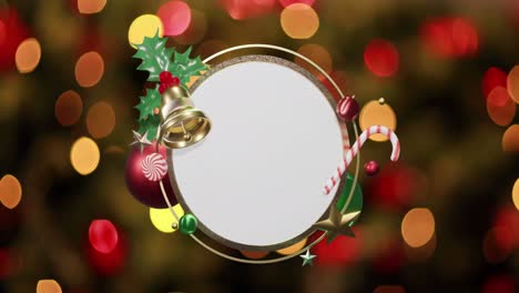 Animation-of-christmas-decorations-around-blank-white-circular-sign-over-red-and-orange-lights