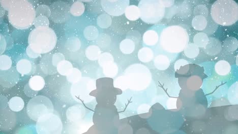 Animation-of-snow-falling-over-light-spots-and-snowmen-on-blue-background