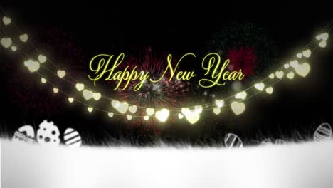 Animation-of-fireworks-over-happy-new-year-text-and-fairy-lights-on-black-background