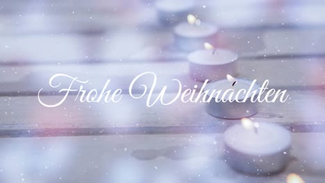 Animation-of-frohe-weihnachten-and-snow-falling-over-candles