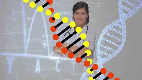 Animation-of-data-processing-and-caucasian-female-doctor-over-dna-strands