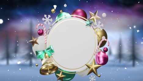 Animation-of-snow-and-christmas-decorations-around-blank-white-circular-sign-over-winter-landscape