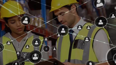Animation-of-network-of-connections-over-diverse-workers-in-warehouse