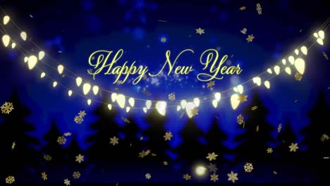Animation-of-happy-new-year-text-with-glowing-string-lights-and-snowflakes-over-trees-and-night-sky