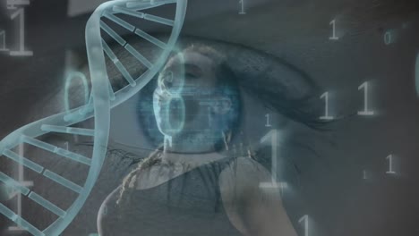 Animation-of-dna-strand-with-data-processing-and-eye-over-biracial-woman-exercising