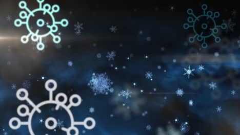 Animation-of-virus-icons-over-snow-falling