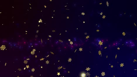 Animation-of-gold-christmas-snowflakes-with-glowing-blue-and-purple-lights-on-black-background