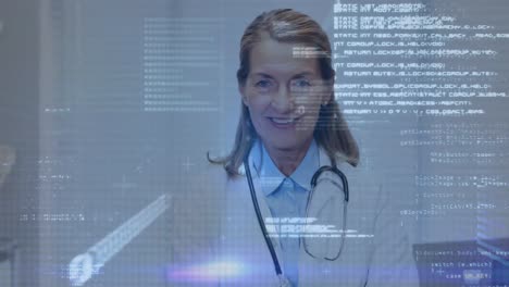 Animation-of-data-processing-over-caucasian-female-doctor