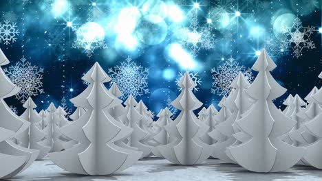 Animation-of-white-christmas-snowflakes-and-snow-falling-with-white-trees-and-glowing-lights