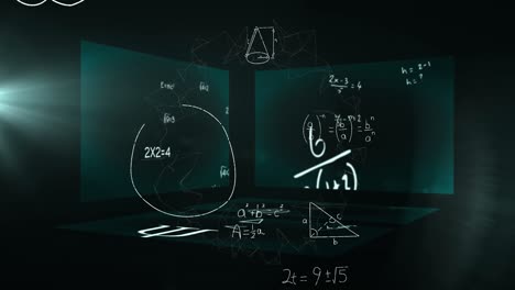 Animation-of-mathematical-equations-over-screens-on-green-background