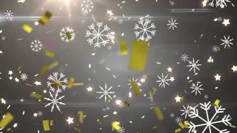 Animation-Von-Goldenem-Konfetti-Und-Weißen-Weihnachtsschneeflocken,-Die-Auf-Grauen-Hintergrund-Fallen