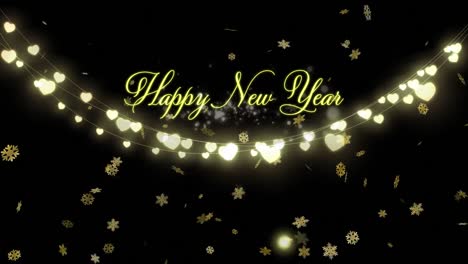 Animation-of-happy-new-year-text-with-glowing-heart-string-lights-and-snowflakes-over-night-sky